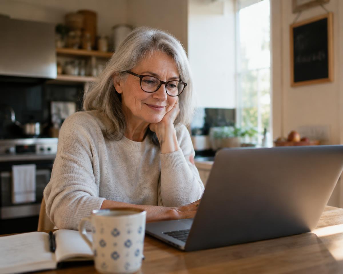 Woman in her sixties smiling at a laptop, reading through a simple step-by-step plan